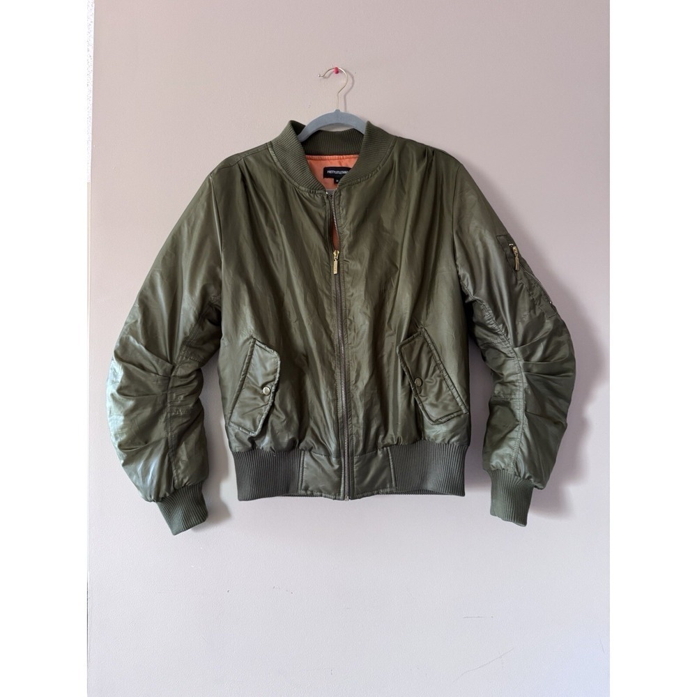 Pretty Little Thing Women's Green Puffer Jacket, Pockets, Size Medium Full Zip